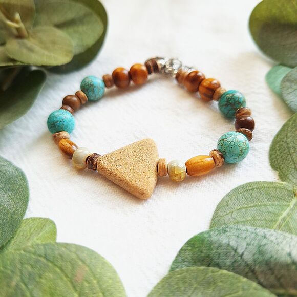 Stone & Wood Tribal Style Bracelet, Rustic Hippie Bracelet, Turquoise - Picture 1 of 9